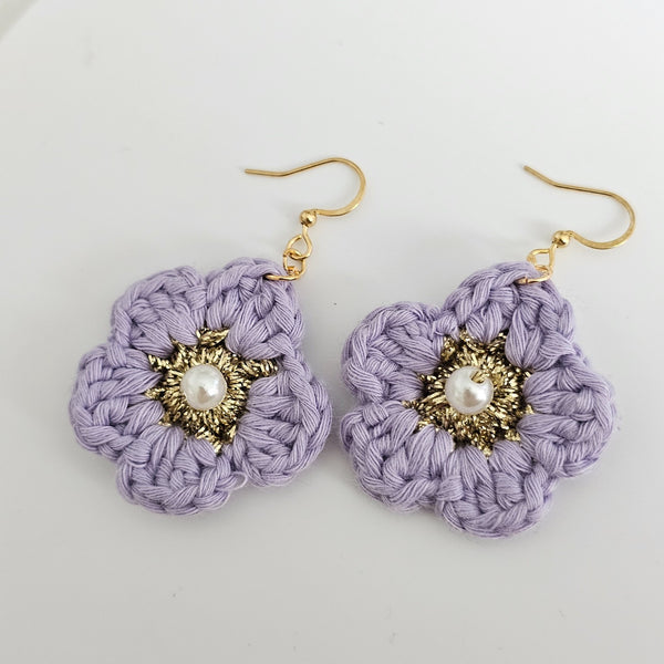 Lavander Cotton Crochet Flower with Pearl - Gold Plated Earrings