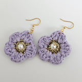 Lavander Cotton Crochet Flower with Pearl - Gold Plated Earrings