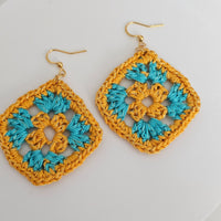 Yellow &  Turquoise Cotton Crochet Square Earrings  - Gold Stainless Steel Hooks