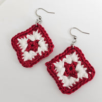 Red &  White Cotton Crochet Square Earrings  - Stainless Steel Hooks
