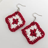 Red &  White Cotton Crochet Square Earrings  - Stainless Steel Hooks