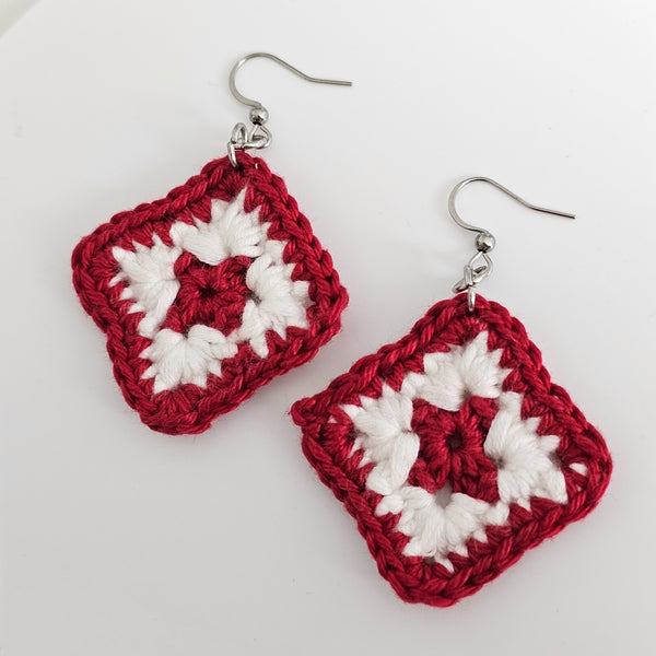 Red &  White Cotton Crochet Square Earrings  - Stainless Steel Hooks