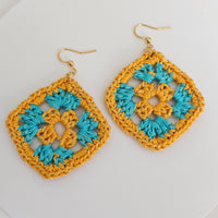 Yellow &  Turquoise Cotton Crochet Square Earrings  - Gold Stainless Steel Hooks