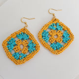 Yellow &  Turquoise Cotton Crochet Square Earrings  - Gold Stainless Steel Hooks