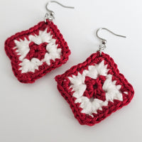 Red &  White Cotton Crochet Square Earrings  - Stainless Steel Hooks
