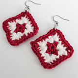 Red &  White Cotton Crochet Square Earrings  - Stainless Steel Hooks