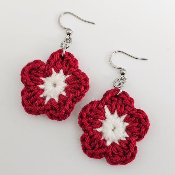 Red & White Cotton Crochet Flower Earrings  - Stainless Steel Hooks