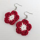 Red & White Cotton Crochet Flower Earrings  - Stainless Steel Hooks