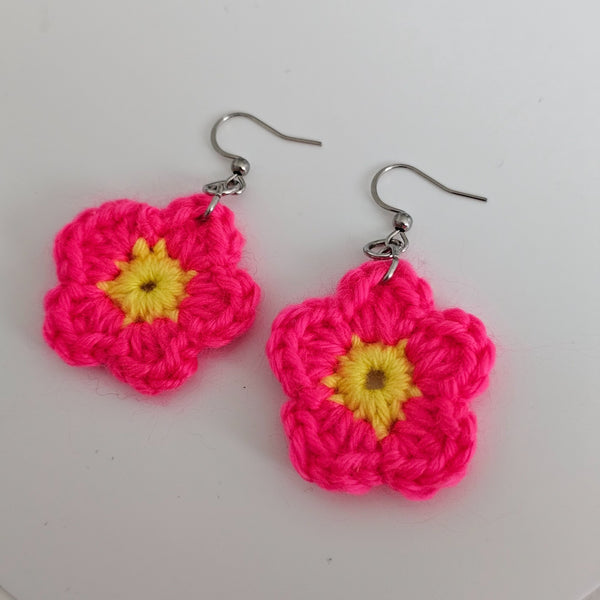 Rose Pink & Yellow Cotton Crochet Flower Earrings  - Stainless Steel Hooks
