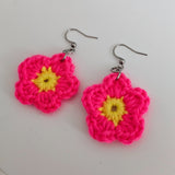 Rose Pink & Yellow Cotton Crochet Flower Earrings  - Stainless Steel Hooks