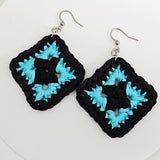Black &  Turquoise Cotton Crochet Square Earrings  - Stainless Steel Hooks
