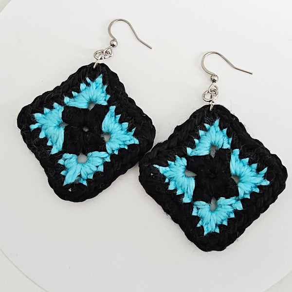 Black &  Turquoise Cotton Crochet Square Earrings  - Stainless Steel Hooks
