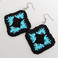 Black &  Turquoise Cotton Crochet Square Earrings  - Stainless Steel Hooks