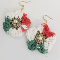 Cotton Crochet Flower Earrings With White Pearl - Gold Plated Stainless Steel