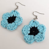 Turquoise Cotton Crochet Flower Earrings  - Stainless Steel Hooks
