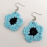 Turquoise Cotton Crochet Flower Earrings  - Stainless Steel Hooks