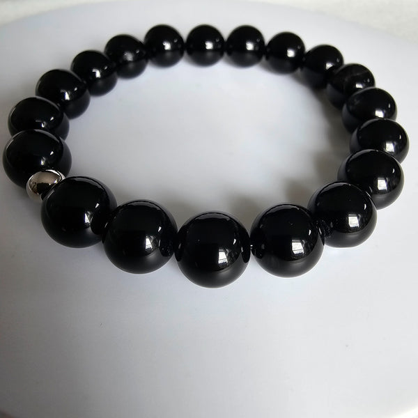 Black Obsidian Gemstone 10mm Round Beads Stretching Men Women Bracelet 7"