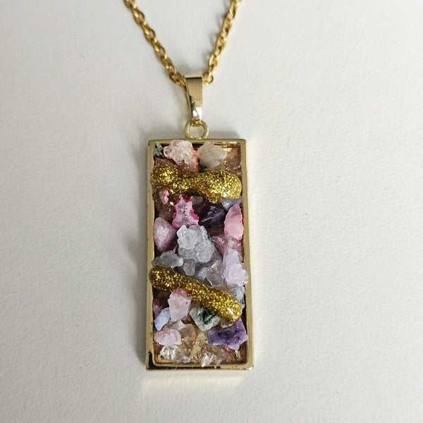 Raw Agate Druzy Quartz Pendant Gold Plated Stainless Steel Chain Necklace-A8