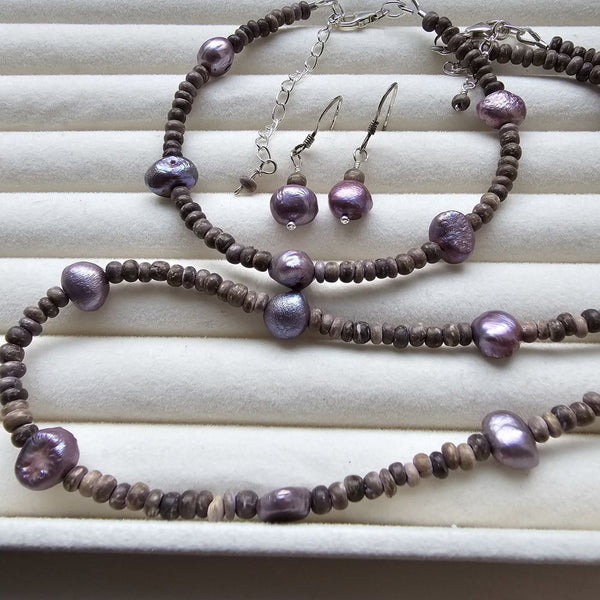 Lavender Freshwater Natural Pearls, Sterling Silver Necklace Jewelry Set