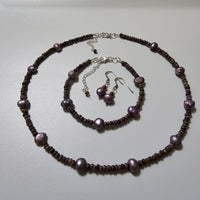 Lavender Freshwater Natural Pearls, Sterling Silver Necklace Jewelry Set