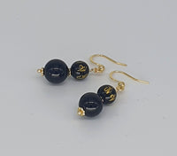 Om Mani Padme Hum Mantra Black Obsidian Earrings 18K Gold Plated