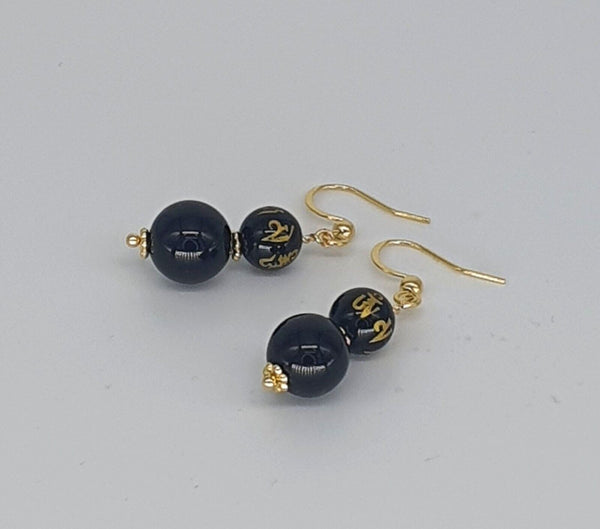 Om Mani Padme Hum Mantra Black Obsidian Earrings 18K Gold Plated