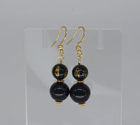 Om Mani Padme Hum Mantra Black Obsidian Earrings 18K Gold Plated
