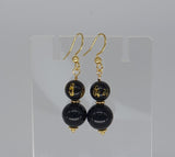 Om Mani Padme Hum Mantra Black Obsidian Earrings 18K Gold Plated
