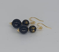 Om Mani Padme Hum Mantra Black Obsidian Earrings 18K Gold Plated