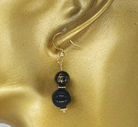Om Mani Padme Hum Mantra Black Obsidian Earrings 18K Gold Plated