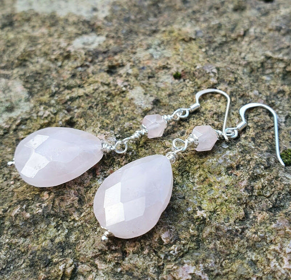 Faceted Rose Quartz 925 Sterling Silver Drop Earrings
