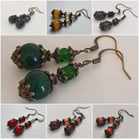 Jade, Amethyst & Czech Crystal Antique Bronze Bohemian Art Deco Artisan Earrings