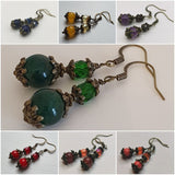 Jade, Amethyst & Czech Crystal Antique Bronze Bohemian Art Deco Artisan Earrings