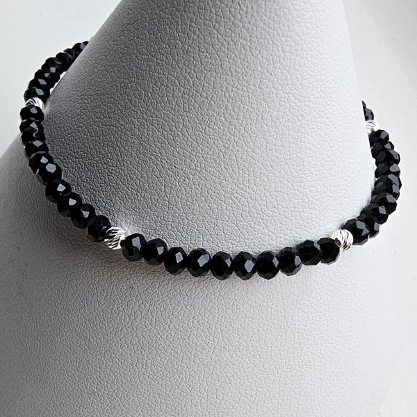 925 Sterling Silver & Black Spinel Gemstone Faceted Rondelle Beads Bracelet