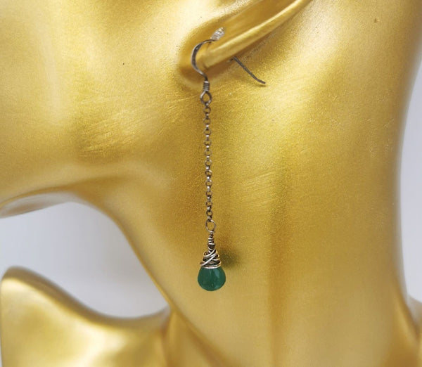 Green Onyx Faceted Teardrops Long Dangle Earrings - Oxidized 925 Sterling Silver