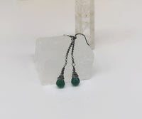 Green Onyx Faceted Teardrops Long Dangle Earrings - Oxidized 925 Sterling Silver