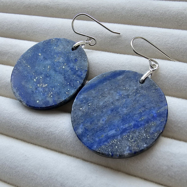Lapis Lazuli Big Round Disk 925 Sterling Silver Handmade Artisan Earrings