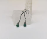 Green Onyx Faceted Teardrops Long Dangle Earrings - Oxidized 925 Sterling Silver