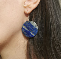 Lapis Lazuli Big Round Disk 925 Sterling Silver Handmade Artisan Earrings