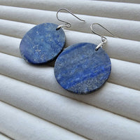 Lapis Lazuli Big Round Disk 925 Sterling Silver Handmade Artisan Earrings