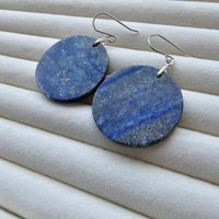 Lapis Lazuli Big Round Disk 925 Sterling Silver Handmade Artisan Earrings
