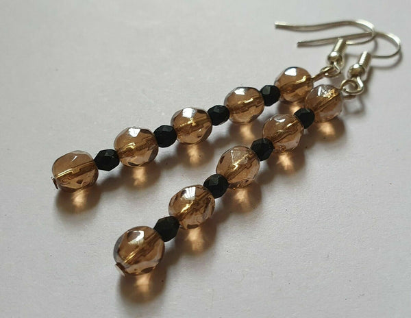 Vintage Style Smokey Topaz & Black Bohemian Crystals Long Earrings