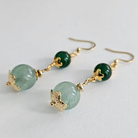 Green Fluorite & Green Jade, 18K Gold Plated Dangle Drop Earrings