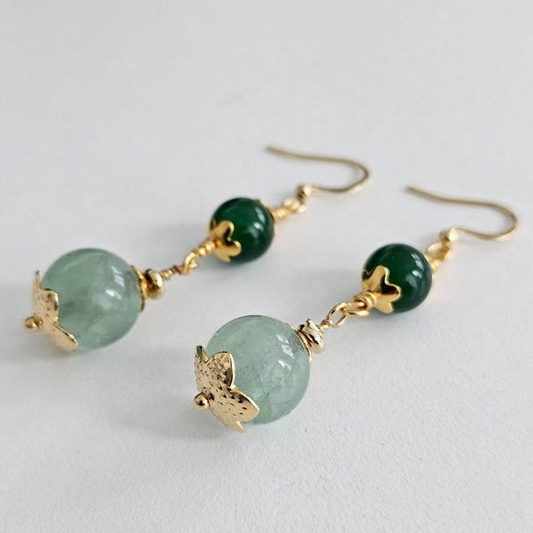 Green Fluorite & Green Jade, 18K Gold Plated Dangle Drop Earrings