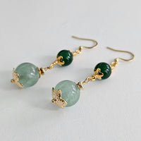Green Fluorite & Green Jade, 18K Gold Plated Dangle Drop Earrings