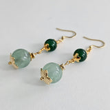 Green Fluorite & Green Jade, 18K Gold Plated Dangle Drop Earrings
