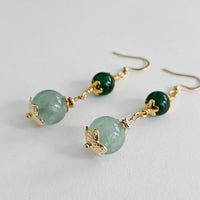 Green Fluorite & Green Jade, 18K Gold Plated Dangle Drop Earrings