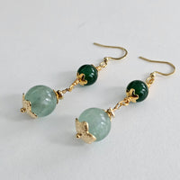 Green Fluorite & Green Jade, 18K Gold Plated Dangle Drop Earrings