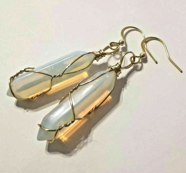 Opalite Crystal Point Gold Plated Wire Wrapped Artisan Earrings