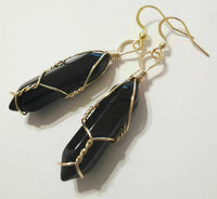 Black Onyx Crystal Point Gold Plated Wire Wrapped Artisan Earrings